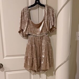 The Post Champagne Velvet Tiered Mini Dress with Draped Sleeves